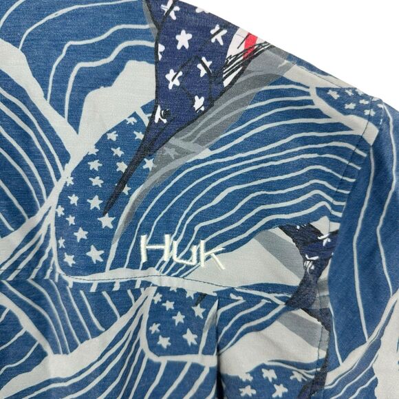 HUK Fishing Shirt Button Down USA Patriotic Sport Fish Mens Sz L Blue Red White - Picture 5 of 8